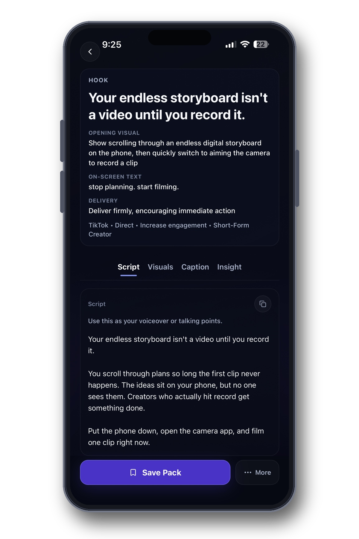 Virow showing an authentic Content Pack with a Hook, filming direction, Script, and save controls.